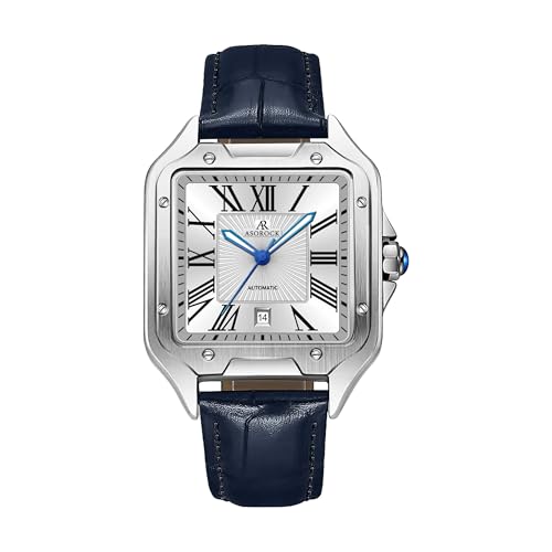 ASOROCK WATCHES Silver/White - Navy Blue Strap Diplomat | 42 mm Automatic Homage Mens Watch | Vintage Square Tank Silhouette Watch
