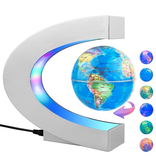 Magnetic Levitating Globe with LED Light, Cool Tech Gift for Men Father Boys and Girls, Birthday Gifts for Kids, Floating Globes World Desk Gadget Decor in Office Home Display (Silver)