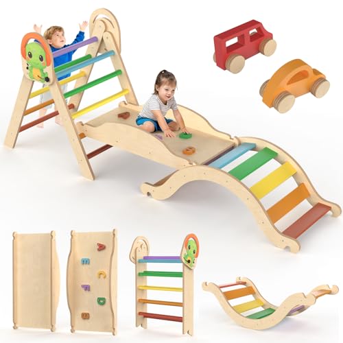 Dinosaur Theme Pikler Triangle Set – 10 in 1 Montessori Toddler Climbing Toys Indoor Playground with Foldable Wooden Climber with Slide, Rocking Arch, Play Tunnel, Bridge, Table, Indoor Jungle Gym