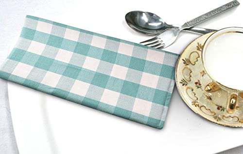 [20X20] Cloth Napkins Set Of 4 Cotton, Dinner Napkins Cloth Washable, Buffalo Plaid Check Premium Over Sized Aqua/White Color Cloth Napkins With Mitered Corners, Ultra Soft, Durable Hotel Quality #TOP2
