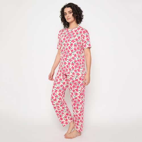 Image of CAMEY Women's Printed Pyjama Set, Short Sleeve T-Shirt and Trousers, Women Nightsuit, Loungewear Sets