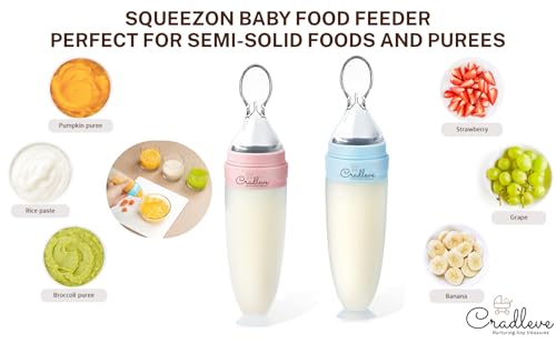 Image of CRADLEVE Squeezon Baby Food Feeder (90ml), First Feed Silicone Food Feeder, Soft Silicone Spoon, BPA-Free for Cereals, Puree and Semisolids for Infants | Variable Flow Control /Anti Choke | 4m+ (Blue)