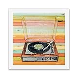 Put a Needle on the Record - Danny Phillips Art Print, Unframed, Vintage Retro Record Player Artwork, Musical Mixed Media Collage Painting, 8x8 Inches