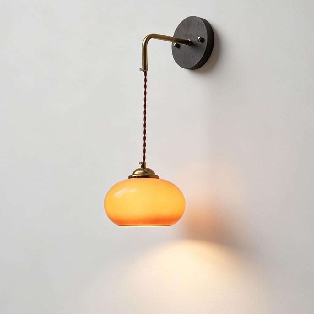 French Vintage Glass Wall Sconce Wood Bedside Light