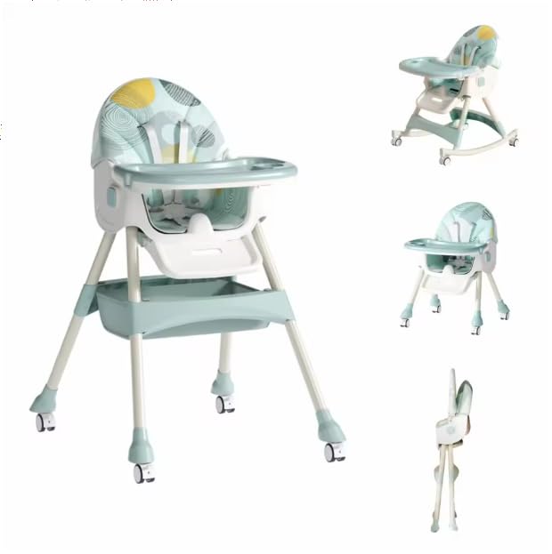 Image of Baby High Chair, Foldable Multifunctional Feeding Chair with Wheels, Removable Tray, Mint Green
