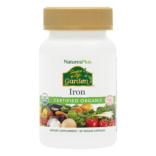 NaturesPlus Source of Life Garden Certified Organic Family Iron 18 mg Cap - 30 Vegan Capsules - Plant-Based Iron Supplement - Supports Healthy Blood - Vegetarian, Gluten-Free - 30 Servings