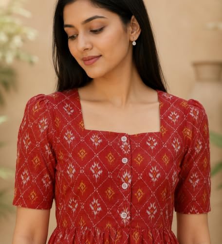 Image of Sun Fashion And Lifestyle Chanderi Printed Dress for Women | Western Dresses for Women | One Piece Midi Dress | Fit and Flare Dress | A-line Dress (KT74 Blue)