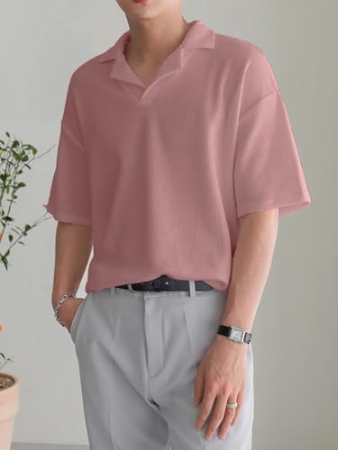 Image of Men's Textured Waffle Knit Polo T-Shirt | Relaxed Fit Half Sleeve Collared Tee | Soft Breathable Casual Summer T-Shirt