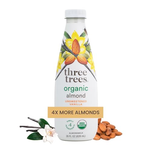 Three Trees Almond Milk Unsweetened Vanilla, Organic, Plant Based, Dairy Free – 10.5g Protein, 4x More Almonds, Clean 4-Ingredient, Sugar Free, No Gum or Oil, Vegan, (28 FL OZ)