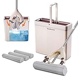 Almcmy PVA Sponge Roller Mop and Bucket Set Self Wringing with 3 Super Absorbent Sponge Heads Refill