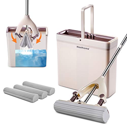 Almcmy Pva Sponge Roller Mop And Bucket Set Self Wringing With 3 Super Absorbent Sponge Heads Refills With Long Handle For Hardwood Laminate Tile Marble Ceramic Vinyl Floors Both Dry Wet Use #TOP16