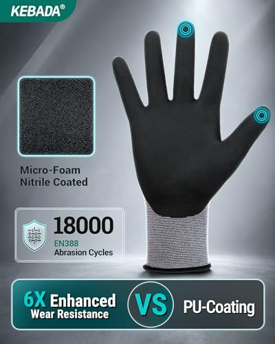Image of Kebada W2 Touchscreen Safety Work Gloves for Men & Women, 6 Pairs | MicroFoam Nitrile Coated, Breathable, Secure Grip, Seamless Nylon Knit, Ideal for Assembly, Automotive, Warehouse & Gardening