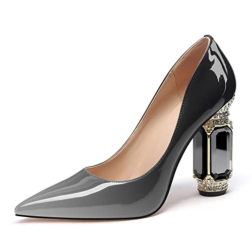Image of JANSEVEN Women Chunky Heels Pumps Crystal Block Heels with Rhinestones Pointed Toe Sexy Gradient Patent Leather Slip on Bridal Party Wedding Dress Shoes 5-13 M US
