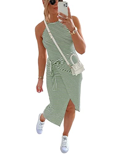 Image of NOLLSOM Women Casual Sleeveless Striped Tank Midi Dresses Halter Neck Ruched Bodycon Dresses Tie Waist T Shirt Summer Dress