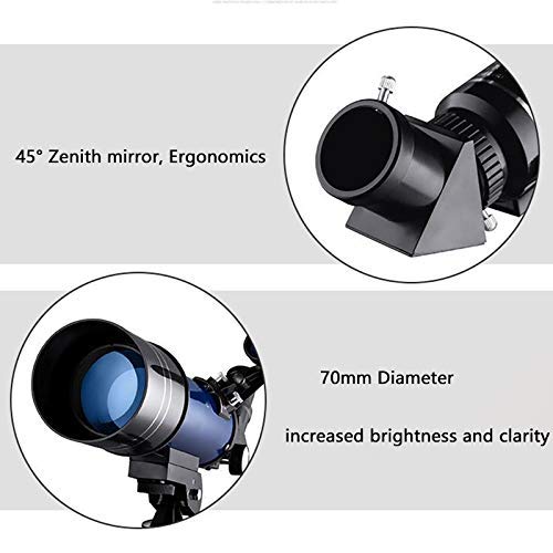 Ficha técnica Telescopio monocular Telescopio de 70 mm de Apertura Longitud Focal de 400 mm Telescopio portátil con trípode Ajustable y buscador Refractor 16X 66X para Principiantes y niños - Fernando Cortés
