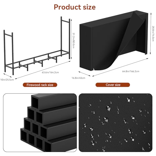 Outdoor Indoor Firewood Storage Holder with Cover, Heavy Duty Metal Log Stacker Rack with Weather Resistant 600D Oxford Fabric Cover, Wood Pile Storage Carrier Organizer Stand for Fireplace, Black