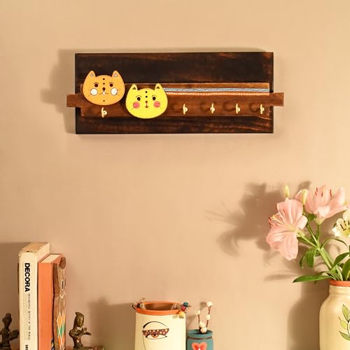 Image of Aakriti Art Creations Key Holder, Meow Key Hanger with Cat Motifs and Beautiful Artwork | Rustic Wooden Wall Organizer with 5 Hooks | Storage Shelf For Keys, Hats | Multifunctional Entryway Decor Item