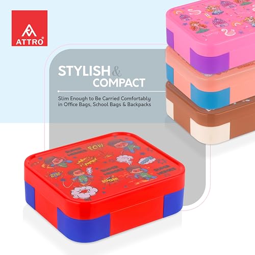 Image of ATTRO Admire Deluxe 3 Compartment Stainless Steel Lunch Box, BPA-Free Inner Steel, Lightweight & Durable, Easy Carry Tiffin for Kids,School & Travel-Superhero Print Red-800ml