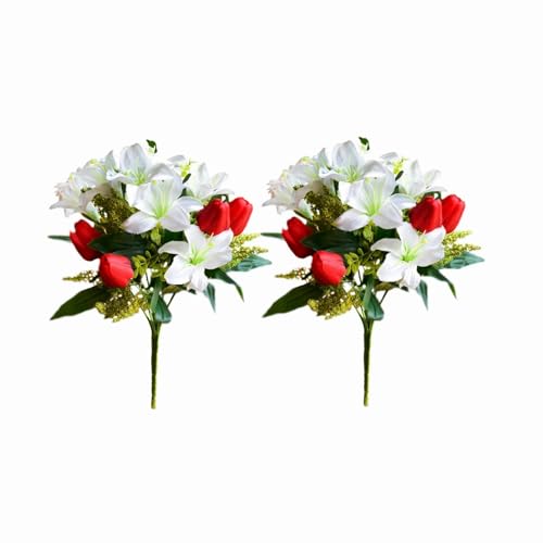 BFYDOAA Flores Artificiales de Cementerio, 2 Unidades, Tulipanes de Lirio de Seda Realistas, Ramos de Arbustos Mixtos, para Mesa del Hogar, Tumbas, Arreglos Florales de Boda(Rojo Blanco)