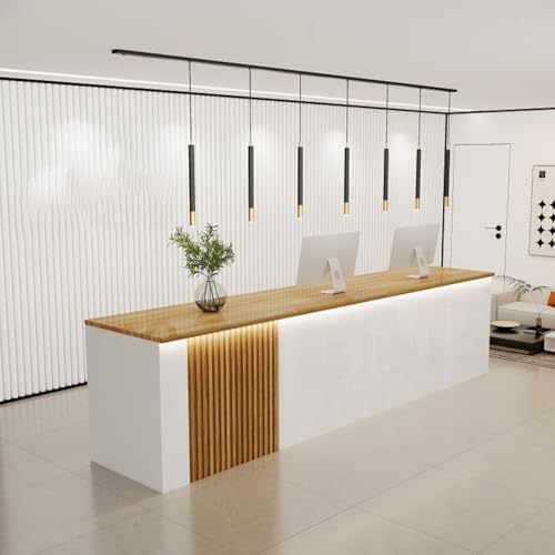 Moderno escritorio de recepción LED con cajón con cerradura, alta capacidad de carga, elegante mobiliario de oficina y venta al por menor, diseño contemporáneo y solución funcional para espacio de