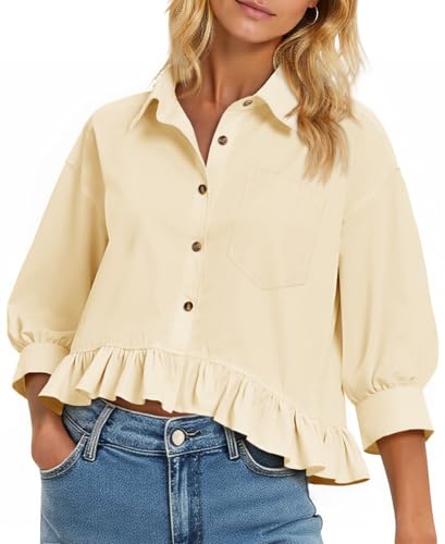 Chemise courte boutonnée manches 3/4 coton coupe ample femme ourlet volants