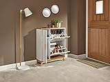 mueble zapatero estilo nordico Tamaño: 75 x 29 x 94 cm. Home Source Nordica Zapatero Blanco Estilo Scandi con Elegantes cajones pivotantes y Asas de Madera, 3 Door