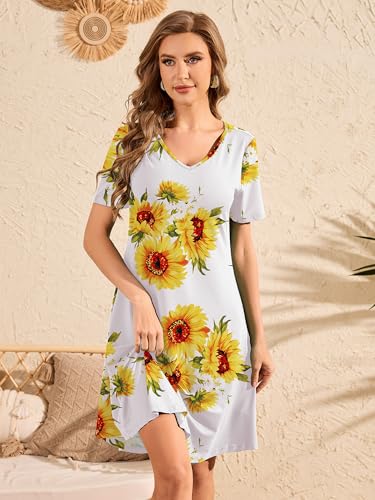 Image of DEARCASE Women's Short Sleeve Casual Sweater Tunic Dress V-Neck Loose Boho Knee Length Fall Summer Petite Stretch A-Line Wedding Guest Flowy Swing Church Tshirt Dresses Sunflower White XX-Large