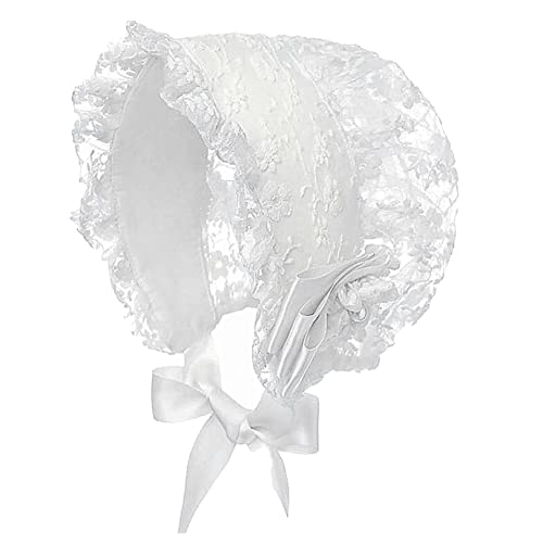 Renvena Baby Girls Lacy Bonnet Lace Satin Christening Bonnet Cap Toddler Beanie Sun Protection Hat White One Size #TOP1