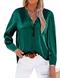 Beyove Bluse Damen Elegant Hemdbluse Leicht Satin Langarmshirt V-Ausschnitt Freizeithemd Casual Hemd Knöpfe, Dunkelgrün, M