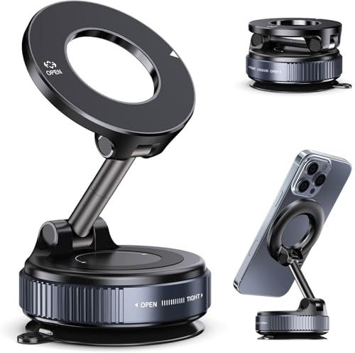 Image of RIGGEAR Vacuum Suction Magnetic Phone Holder, Foldable 360 Adjustable Car Mobile Phone Mount for Magsafe iPhones and All Android Phones, Holder for Car, Gym, Mirror, Smooth Surface Table Top (Black)