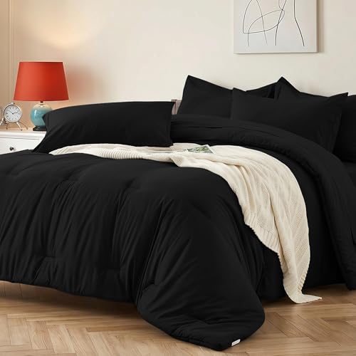 Easthome Queen Comforter Set 7 Piece - Black Soft Bed in a Bag Queen Size Comforter Sets Lightweight Bedding Sets with Down Alternative Comforter Flat Sheet Fitted Sheet 2 Pillowcases & 2 Shams