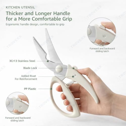 Image of Stainless Steel Kitchen Scissors for Chicken, Meat, Fish & Vegetables Cutting, Heavy Duty Poultry Shears with Serrated Blade, Spring Loaded Handle, Anti-Slip Grip, Safety Lock (Poultry Scissors)