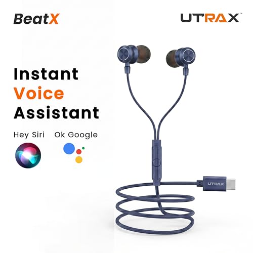 Image of UTRAX BeatX Type-C Wired Earphones with Mic | 14.2mm Driver, High Bass Stereo Sound | Magnetic Metal Earbuds | 1.2M TPE Anti-Tangle Cable | USB-C Earphones for Android Devices | Blue