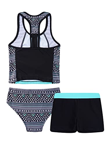 Hansber Kids Girls 3 Piece Tankini Floral Printed Tops With Boyshorts Bottoms Swimsuit Bathing Set Mint Green 16 #TOP1