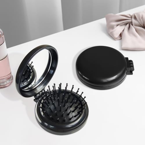 Folding Hair Brush with Mini Compact Mirror - Travel Size, Space-Saving Design - 2Packs,Black