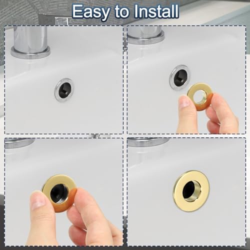 Miniatura 4 de Patikil Desbordamiento Anillo, 3uds Fregadero Redondo Cubierta Lavabo Recorte Latón Inserción Agujero Redondo Gorras Para Cocina Baño, Oro