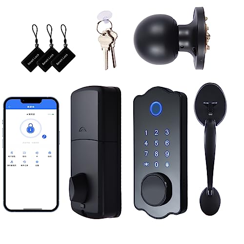 指紋認証ドアロック,キーレスエントリースマートドアロック防水オートロック5 in 1 TTlockアプリICカード150コード電子指紋ドアロックフロントドア用ハンドルレバーセット付き