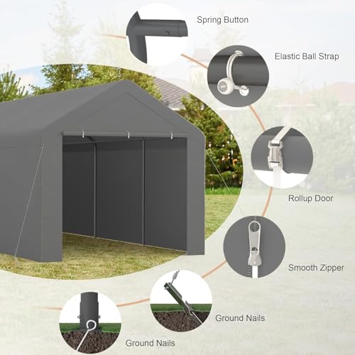 Carport, 10x20ft Heavy Duty Car Port, Portable Garage with Removable Sidewalls & Doors, Car Canopy with All-Season Tarp for Car Boat Truck Party (S-Grey)