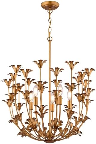 VAXCEL Camellia 5-Light 23.5 in. Wide Gilded Gold Glam Pendant with Metal Flower Shade, LED Compatible, Ad Height, Hanging Ceiling Chandelier Fixture for Dining Table Entryway Bedroom Island Foyer