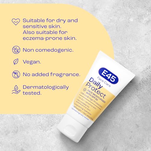 E45 SPF 30 Face Moisturiser - Hydrating Daily Cream with UVA/UVB Protection for Dry, Sensitive & Eczema-Prone Skin - 50 ml - Image 4
