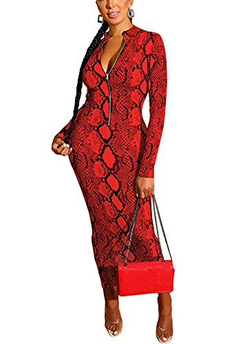 PRIMODA Women s Long Sleeves Mock Neck Snake Print Zipper Bodycon Maxi Long Dress Party Clubwear(Red S)