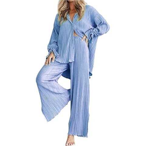 Cysincos 2 Piece Y2K Pleated Outfits for Women Pjs Sets Long Sleeve Button Shirt with Long Slit Pajama Pants Casual Lounge Set Sweatsuits Blue XL Cover
