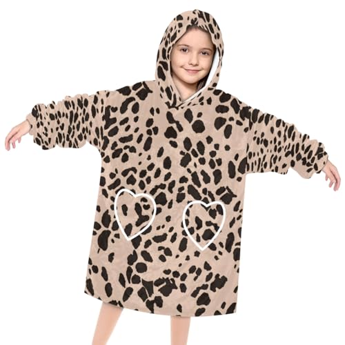 Wearable Blanket Hoodie for Kids, Stylish Leopard Print Fleece Sweatshirt Blanket Oversized Blanket Sweatshirt with Pocket Flannel Warm Hooded Blanket 6-10 Year Old Girl Boy Gift, One Size