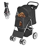 ZENY Foldable Pet Stroller, Cat/Dog Stroller with 4 Wheel, Pet Travel Carrier Strolling Cart with Storage Basket, Cup Holder (Black)