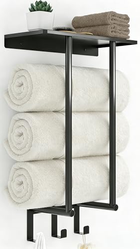 BETHOM Porte Serviette Salle de Bain Noir, 50 cm Porte Serviette Murale Support Serviette Salle de Bain avec Étagère et 3 Crochet Acier Inoxydable Rangement...