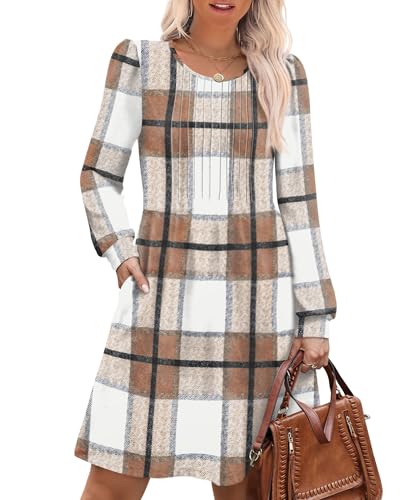 OFEEFAN Fall Dresses for Women 2025 Fashion Long Sleeve Pleated Casual Chocolate Brown Fall Clothes Tunic Sweater Dress Beige Plaid L