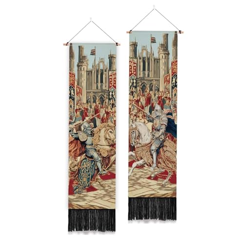 PLIGREAT 2 Paquete Tapiz Medieval con Torneos Caballeros Vintage Largo Tapiz de Pared con Borlas Decorativo Estético Vertical Tapiz para Dormitorio Salón Decoración del Hogar