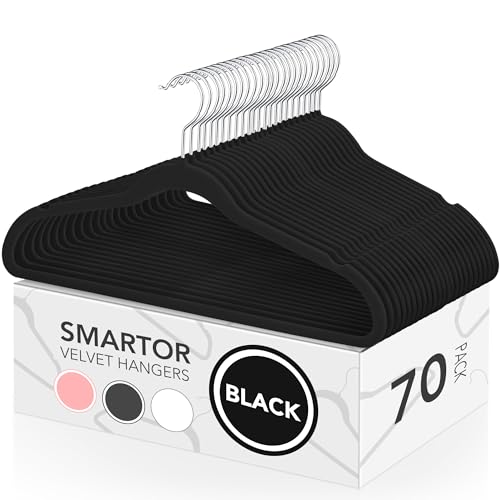 Smartor Velvet Hangers 70 Pack, Black Non Slip Clothes Felt