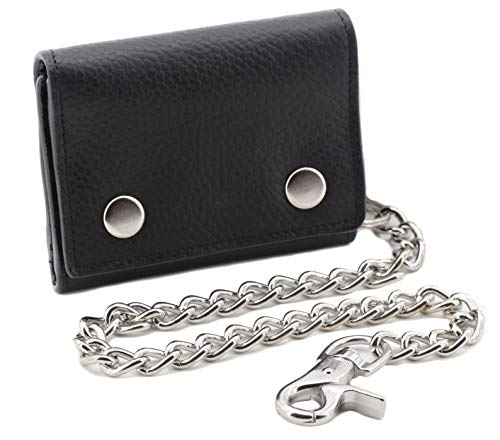 Mens Cowhide Leather Trucker Biker Trifold Steel Chain Wallet with Gift Box