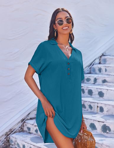 Bikini camisa de vestir y pareos de playa para mujer con manga corta 2